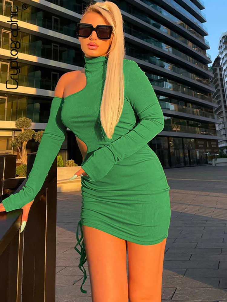 Party Dresses Cryptographic Drawstring Ruched Sexy Cut Out Bodycon Mini Dress for Women Fashion Outfits Elegant Fall Long Sleeve Green Dresses L230313