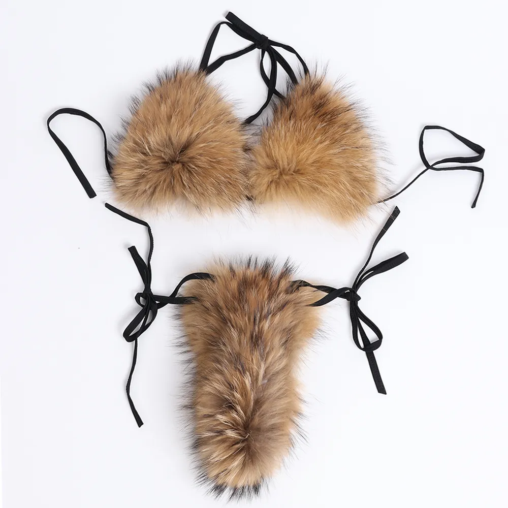 Women's Swimwear YOLOAgain Women Natural Raccoon Fur Real Sexy Bikini Set Bra Detachable 230313