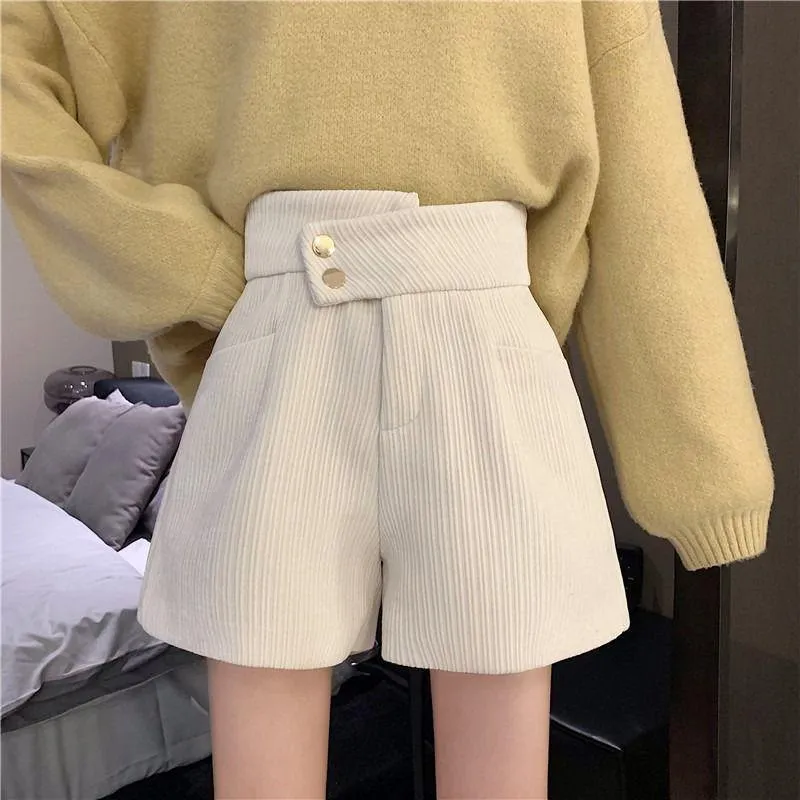 Kvinnors shorts kvinnor 2023 Autumn Winter Fashion Woolen Weam Warm Casual Short Pants Ladies High midja bred ben A-line J65