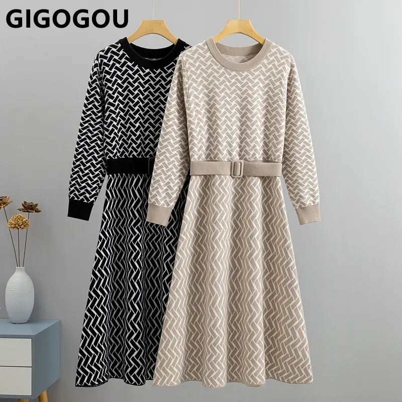 Casual jurken gigogou luxe jacquard vrouwen lange gebreide trui jop chic herfst winter een lijnjurken met riem geplooide maxi midi feestjurk 230313