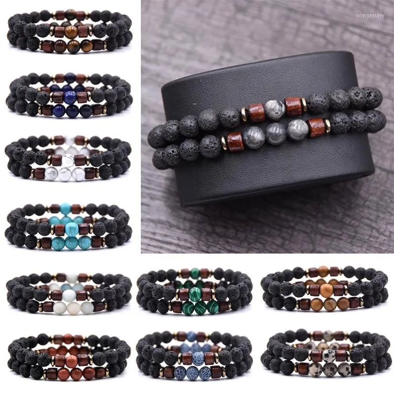 Strand 2pcs/zestaw drewniany urok lawę kamienna bransoletka homme koralika tybetańska czakra buddha dyfuzor bransoletki męskie prezenty biżuterii