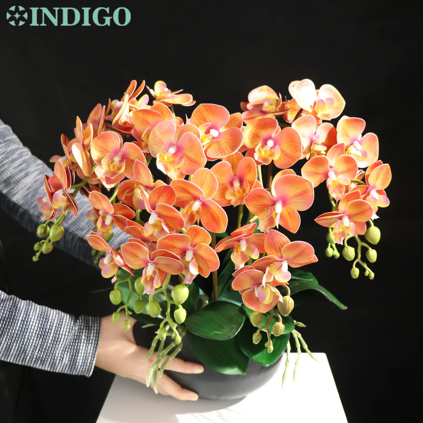 Dekorativa blommor kransar orange orkidé 7st orchid5pcs lämnar potten mossa diy blommor arrangemang verklig beröring juldekoration centerpiece indigo 230313