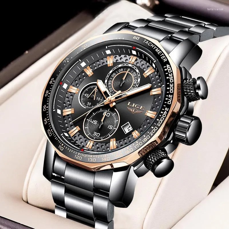 손목 시계 Lige Fashion Big Dial Watch Men Casual Waterproof Sports Chronograph 박스를위한 모든 강철 석영 손목