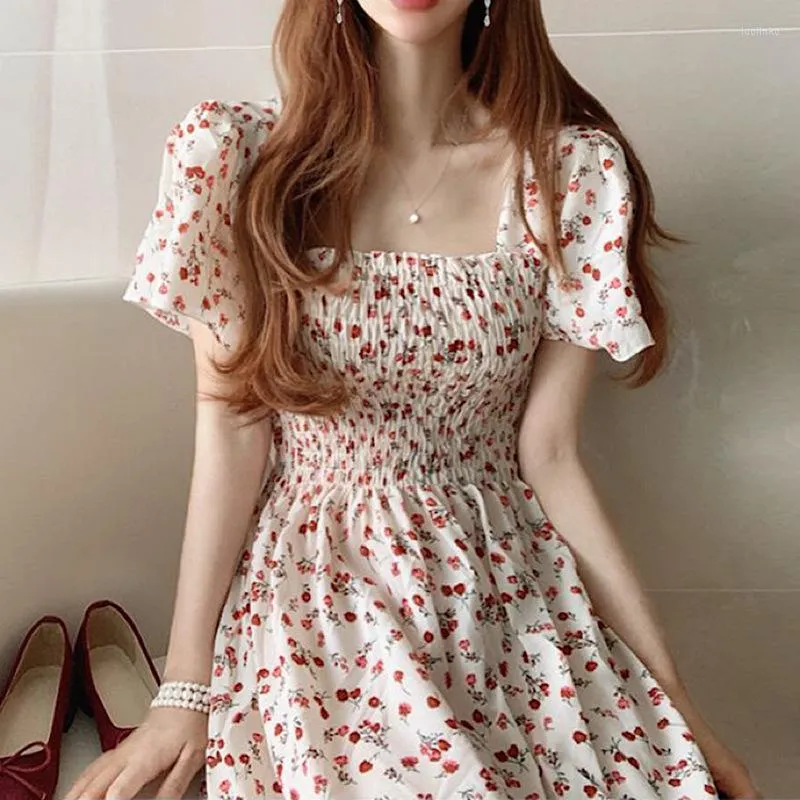 Casual Kleider Für Frauen Ärmel Blumen Druck Quadrat Kragen Mid-Kalb Sommer Kleid Korea Chic Schlanke frauen Sommerkleider