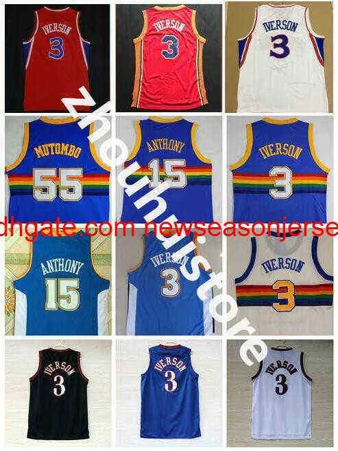 # 55 Maillots Dikembe Mutombo # 3 Maillot Allen Iverson # 15 Maillot Carmelo Anthony Rouge Bleu Blanc Cousu