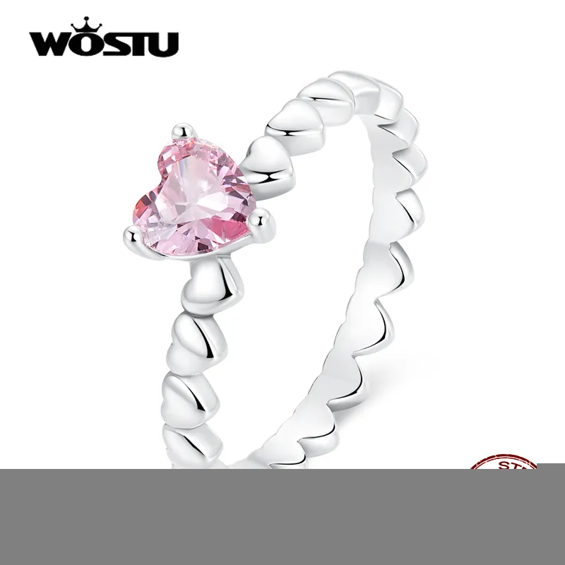 WOSTU Délicat Coeur Bague En Argent Véritable 925 Sterling Argent Rose Zircon Amour Anneaux pour Femmes Fine S925 Anniversaire Bijoux Cadeau 230313