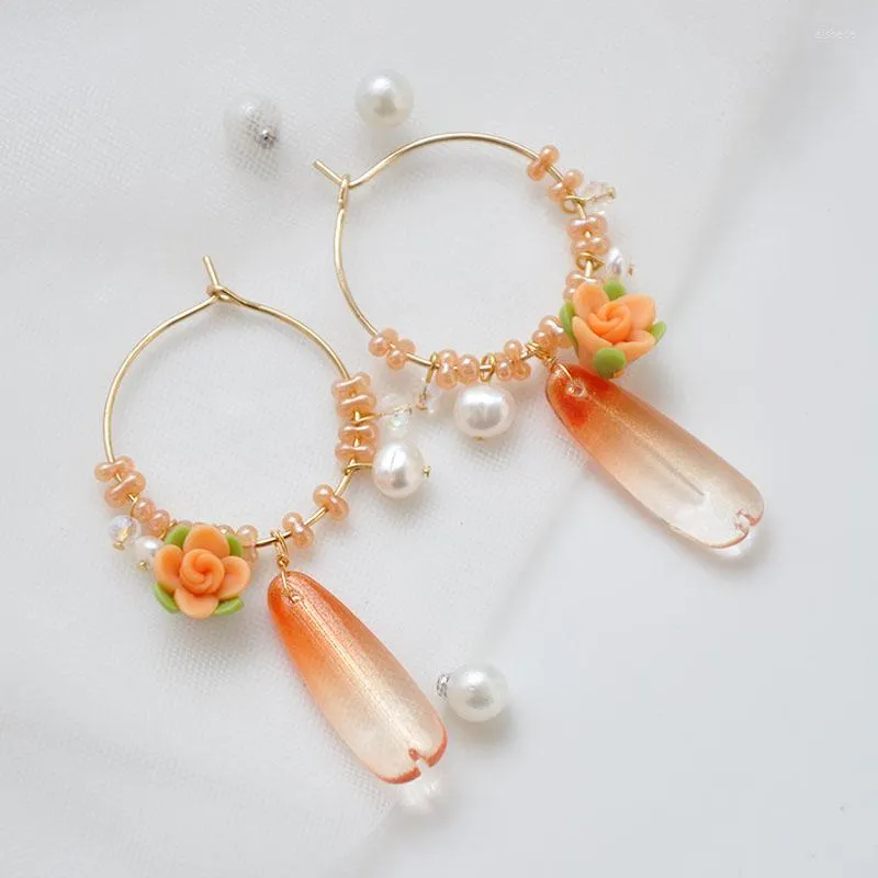 Hoop Earrings 14K Gold Wrapped Fashion Anti Sensitive Orange Flower Crystal Long Women South Korea