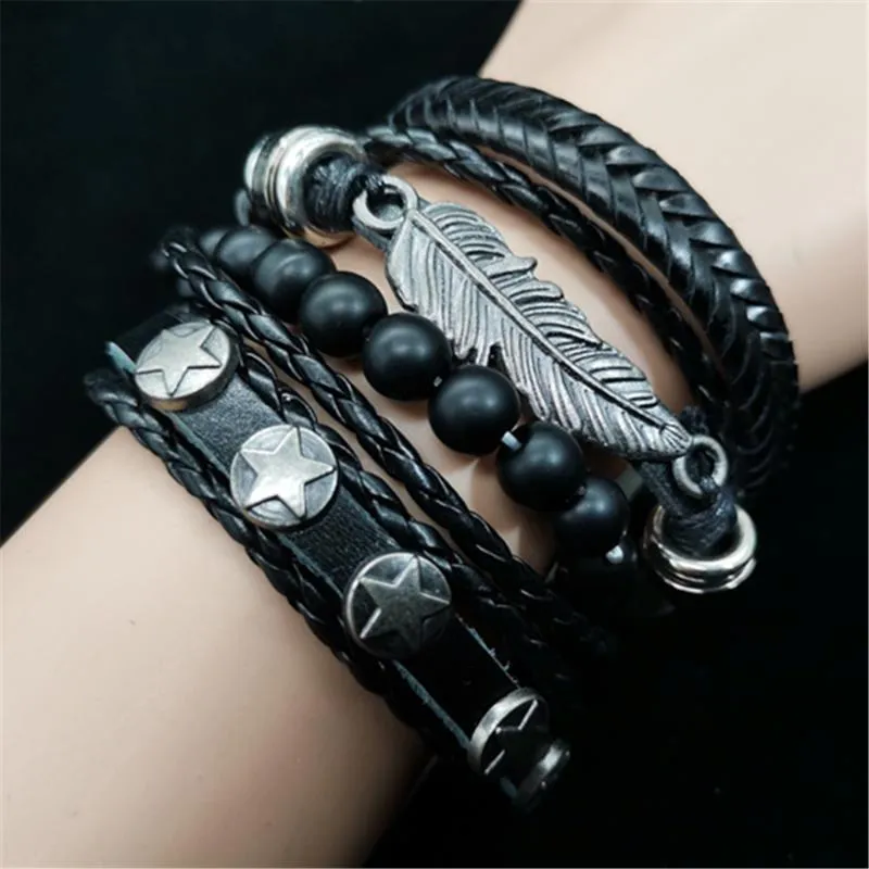 Tennis Bracelets Feather Star Beacelets Music Note Black Beads Leather Set Men Women Homme Fashion Jewelry Accessories