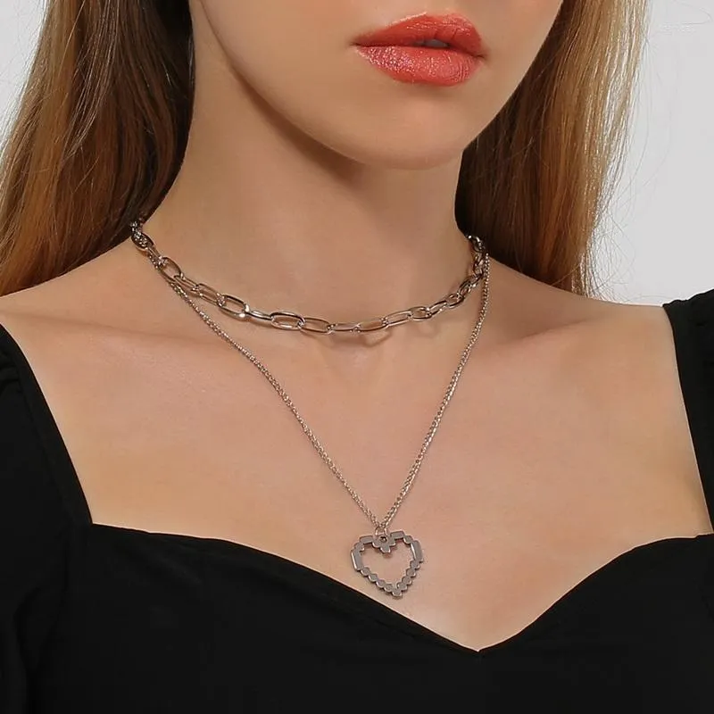 Anhänger Halsketten Mode Punk Hohe Qualität Herz Halskette Einfache Minimalistische Silber Farbe Doppelschicht Kette Für Frauen Schmuck