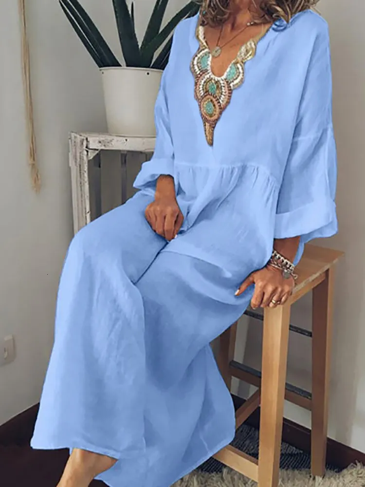 Casual Dresses Cotton Linen Maxi Dress Women Embroidery V Neck Long Sleeve  Printed Dress Casual Summer Spring Loose Beach Long Sundresss 230313 From  Kong04