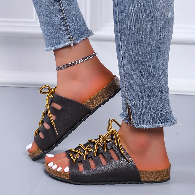 Kapcie mody sandały sandały z korka plażowe zjeżdżalnia slajdy żeńskie płaskie koronkowe buty letnie miękkie skórzane klapki