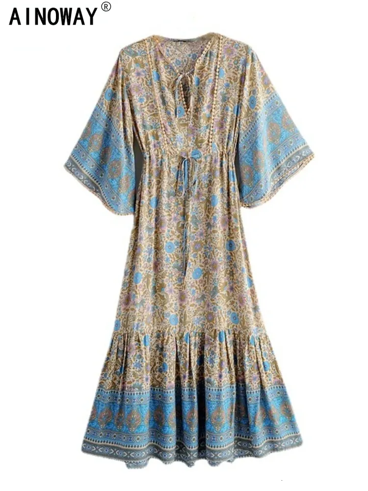 Sıradan Elbiseler Vintage Chic Kadın Çiçek Baskı Batwing Kol Beach Bohemian Maxi Elbiseler Cüppe bayanlar v yaka yaz boho elbise vestidos 230313