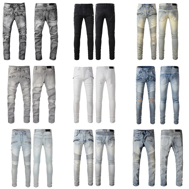 Heren Designer Jeans Men Skinny Black Denim gescheurde witte jeans man rip rechte been ritssluiting vlieggat mode lange hiphop gescheurde broek grijs fietser distress streetwear