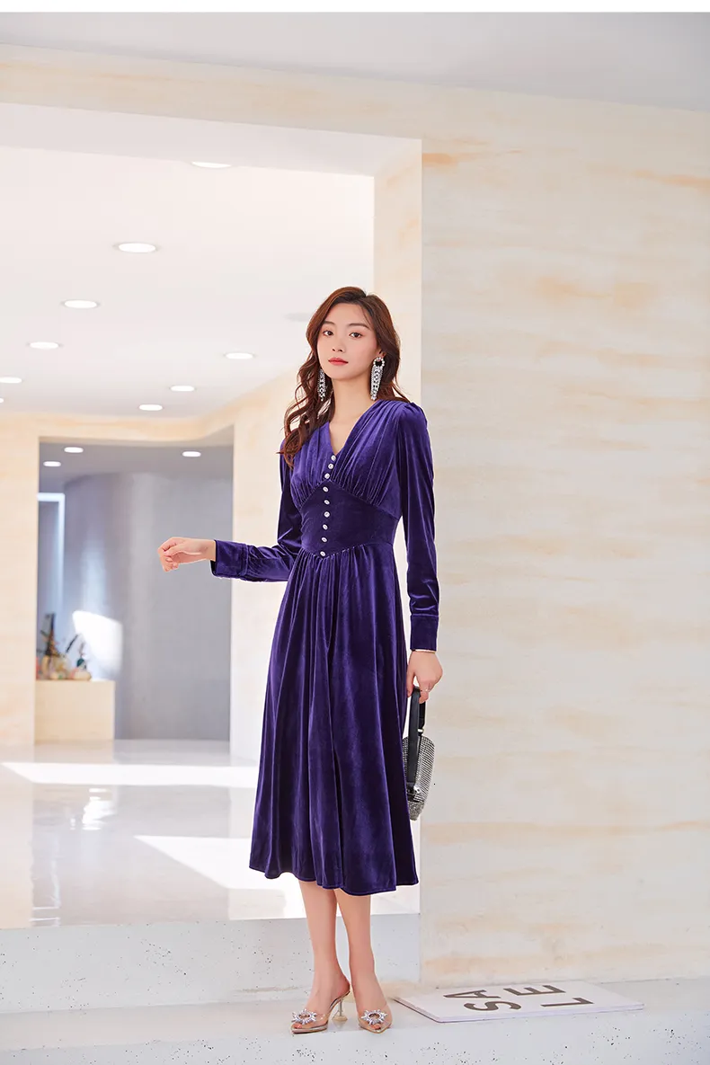 fitted lace wedding dress Purple Velvet V-Neck Dress – fringe co