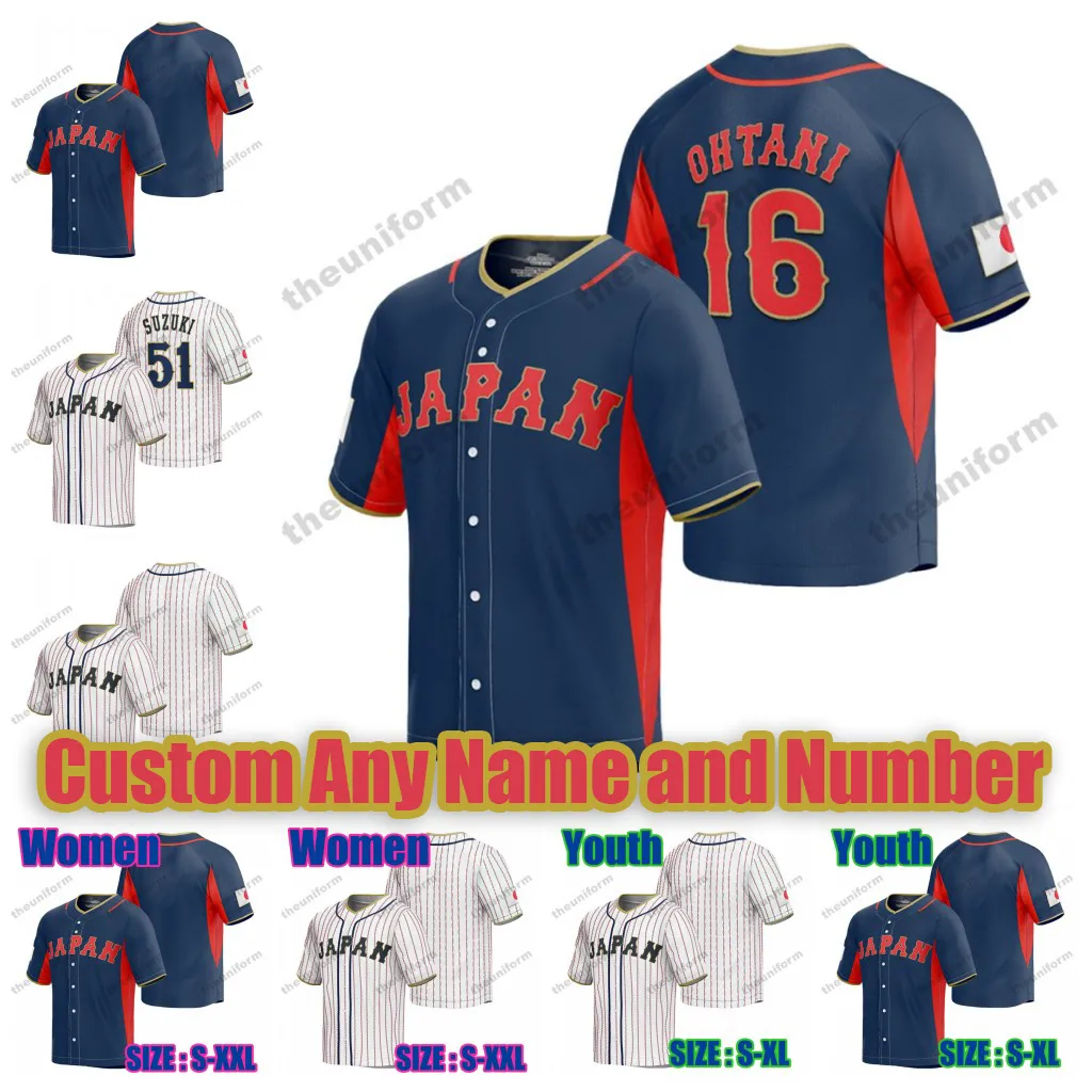 Japão Baseball Jersey World Baseball Clássico 16 Shohei Ohtani 51 Ichiro Suzuki 11 Yu Darvish 2023 Personalizado Homens Mulheres Juventude Jerseys Tamanho S-5XL