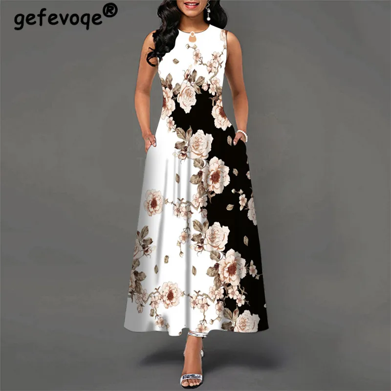 Casual Dresses Bohemian Floral Printing Hollow Out Elegant Dresses for Women Stor Swing Sexig hög midja maxi Party Slim Tank Sleeveless Dress 230311