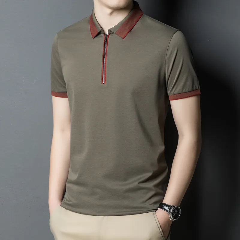 남성용 폴로 디자인 남성 폴로 패션 대비 컬러 여름 자연 실크 면화 짧은 슬리브 수컷 지퍼 셔츠 230311