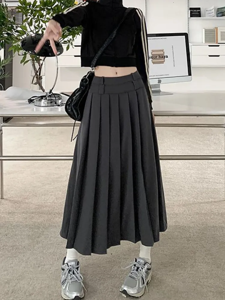 Saias Houzhou coreano saia plissada vintage longa feminina outono de baixo aumento no estilo preppy casual saia midi para meninas streetwear 90s 230313