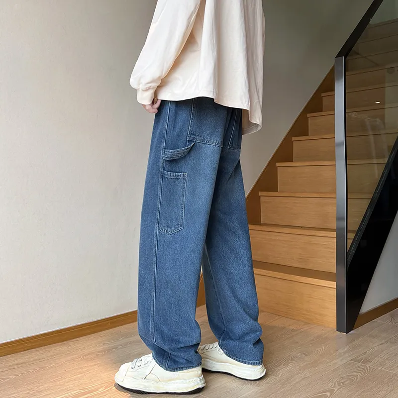 Men's Jeans Cargo Jeans hommes Baggy jambe large Denim pantalon Streetwear printemps mode droite taille élastique coréen couture hip-hop pantalon 230313