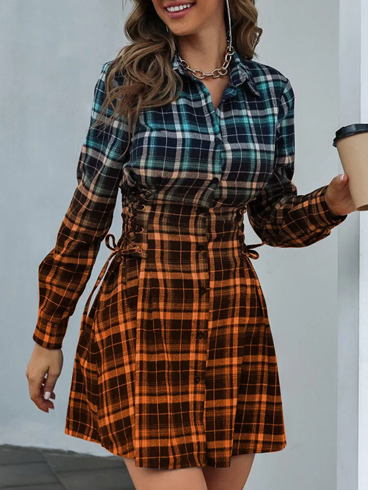 Vintage British Style Gradient Plaid Shirt Dress with Lace-Up Turn-Down Collar and tie the knot bracelet Waist - Casual A-line Mini Dress for Women (