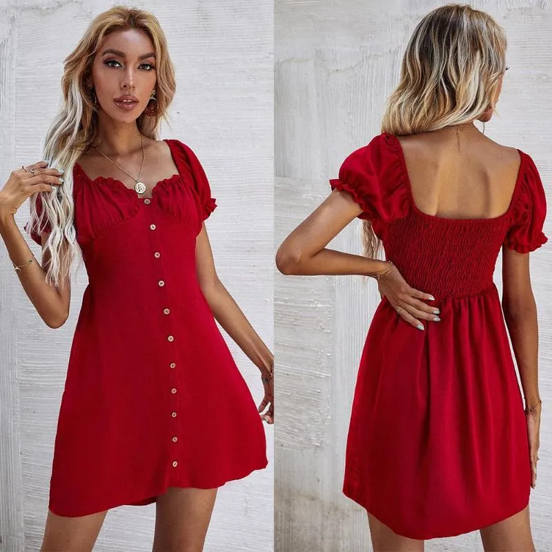 Party Dresses Short Puff Sleeve Slim Button Mini Dress Summer Sweet Casual Elegant Wine Red Female Fashion Cotton Vestidos