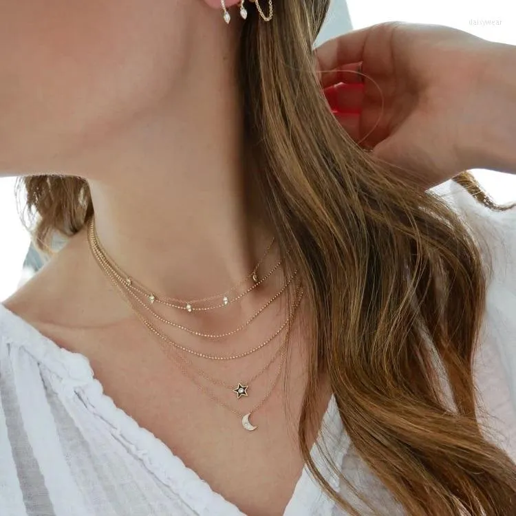 Catene Collana in argento sterling 925 alla moda per ragazze fortunate con pendenti a forma di stella di luna. Piccole catene a maglie, piccole collane carine