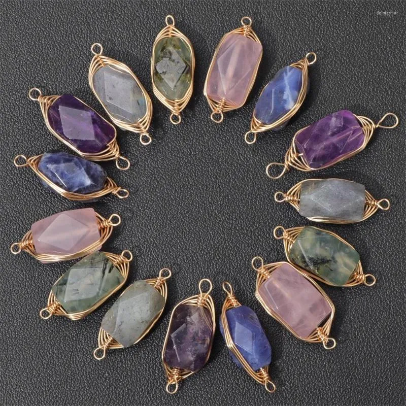 Charms 2 pz/lotto Ametiste Naturali Labradorite Connettore Ciondolo Filo di Metallo Ferita Pietra di Fascino Per La Collana Del Braccialetto Dei Monili Eleganti FAI DA TE