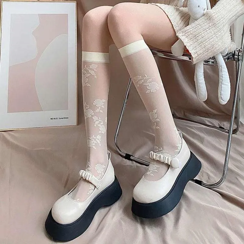 Women Socks Women's Cute White Calf Through-meat Jacquard Stockings Lolita Rose Mid-tube