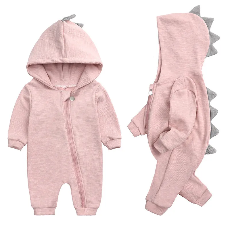 Rompers Spring Kids Tales Born Romper Suit SolidHooded Dino Boys Girls Romper CottonBabywear4色230313