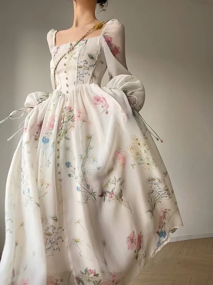 Casual Dresses French Elegant Floral Midi Chiffon Long Sleeve Evening Party Woman Beach Fairy Dress Korean 2023 Summer 230313