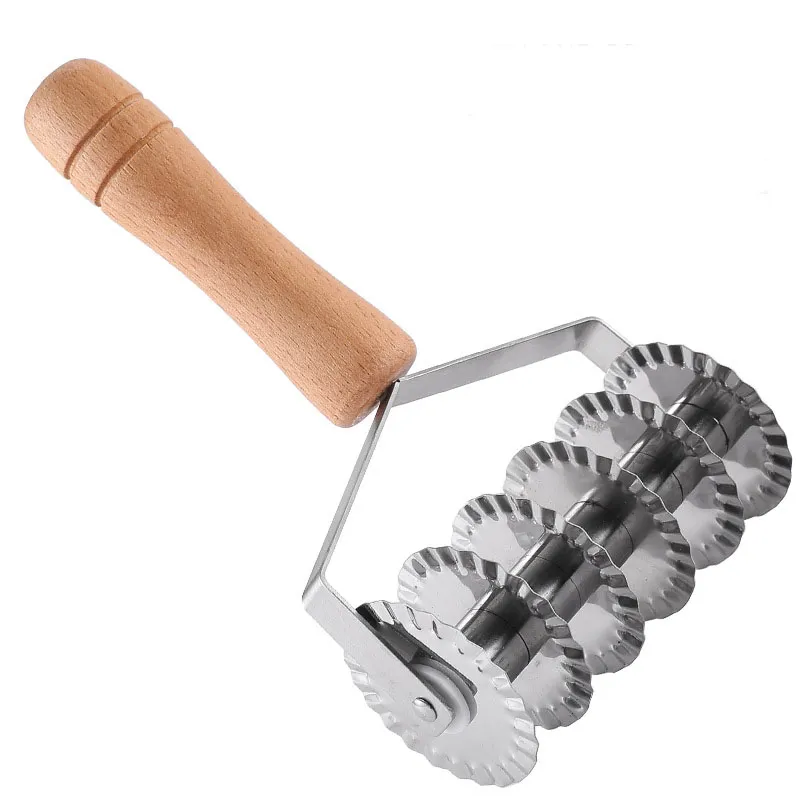 Stainless Steel Dough Lattice Cutter with Wood Handle 6 Wheel Pastry Roller for Pizza Bread and Pastries