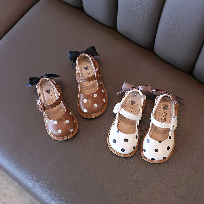 Düz ayakkabılar yürümeye başlayan çocuk kızının Mary Janes zarif sırt bowtie bej haki dört sezon çocukları deri 21-30 polka nokta hafif çocuk ayakkabıları p230314