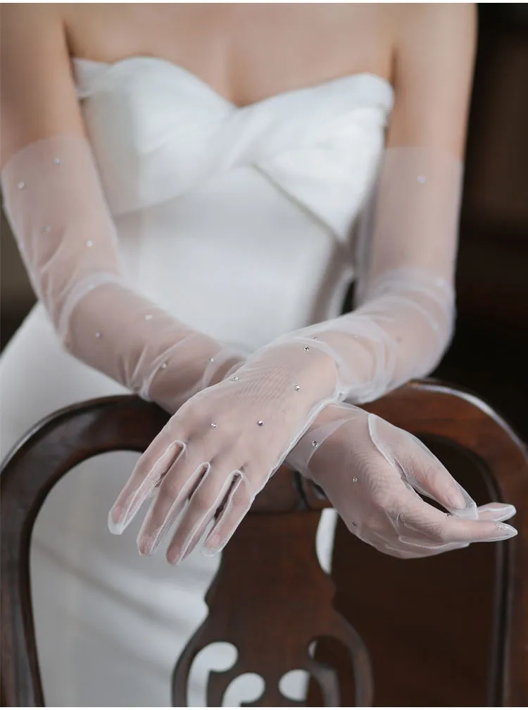 Sheer White Wrist-Length Wedding Gloves – Mesh Evening Gloves – One Size (Sealed Package)