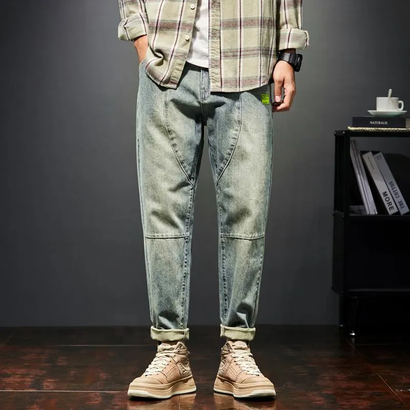 Jeans masculinos Men solto Fit Retro azul escuro 2023 outono e inverno calças de pernas largas calças denim roupas de calça folgada