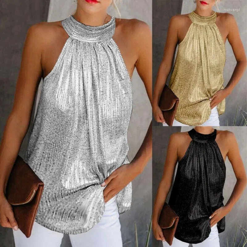 Blusas De Mujer Blusa Dorada Para Mujer Moda 2023 Cuello Alto Sin Mangas Camiseta Sin Mangas Chaleco De Verano Informal Suelto Para Mujer De 10 1 DHgate