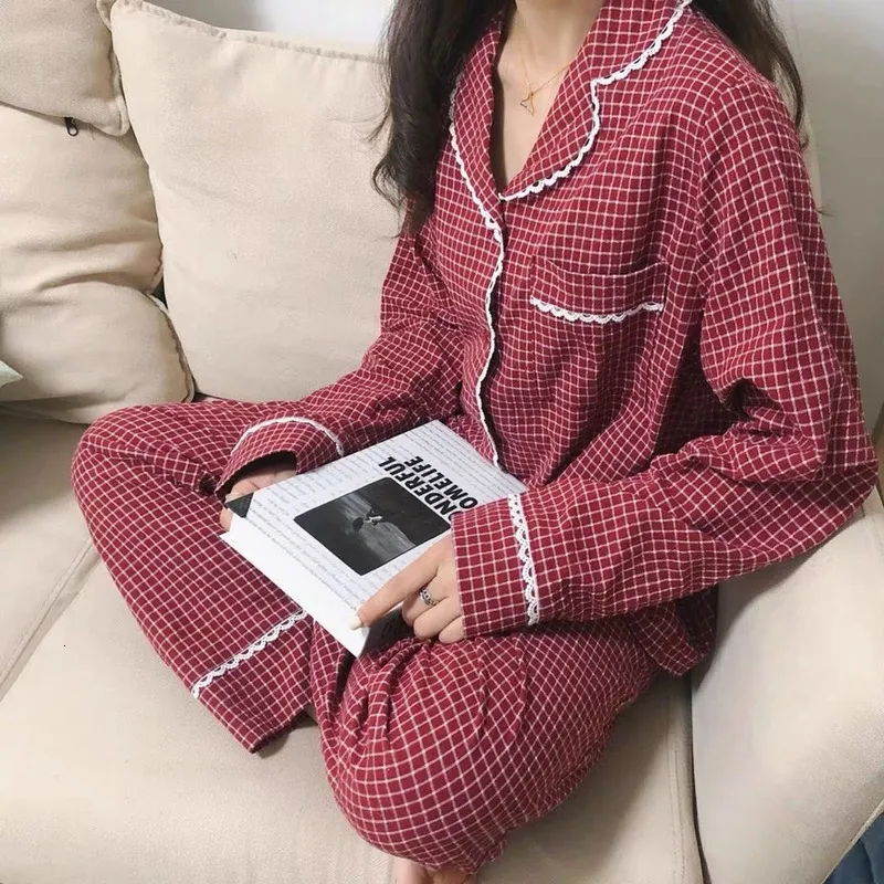 女性用スリープウェア韓国の睡眠格子格パジャマセット女性ヴィンテージパジャマフェムレースピジャマロングスリーブナイトウェア秋のラウンジウェアピジャマ230314