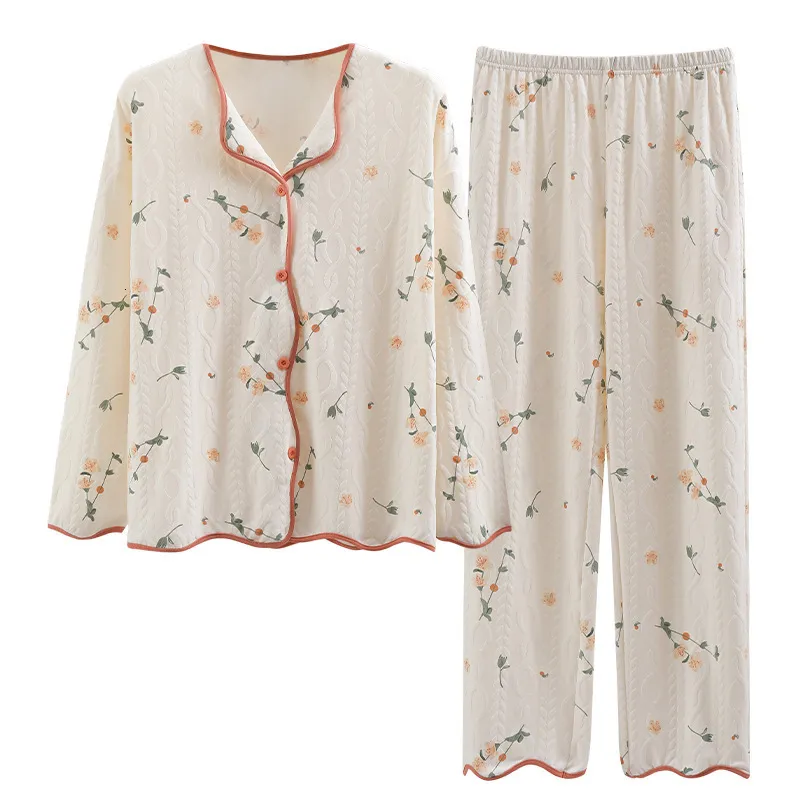 Women's Sleepwear Women's Pajamas Autumn/Winter Long Sleeve Pants Cardigan Lapel Covered Cartoon Simple Cotton Large Size Homewear Set 230314