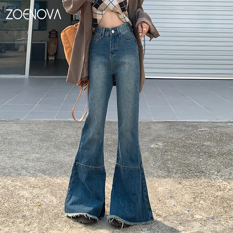 Jeans de mujer ZOENOVA Harajuku Tassel Hems Y2K Azul oscuro Cintura alta Streetwear Jeans Baggy Mujeres Non Strech Straight Pierna ancha Pantalones acampanados 230314