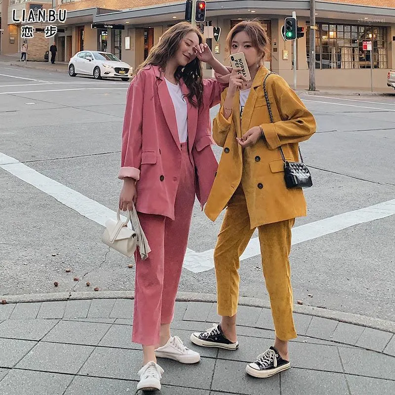 Women's Pants Corduroy Street Suit For Women Two Piece Spring Autumn Professional Korean Casual Temperament Red & Capris