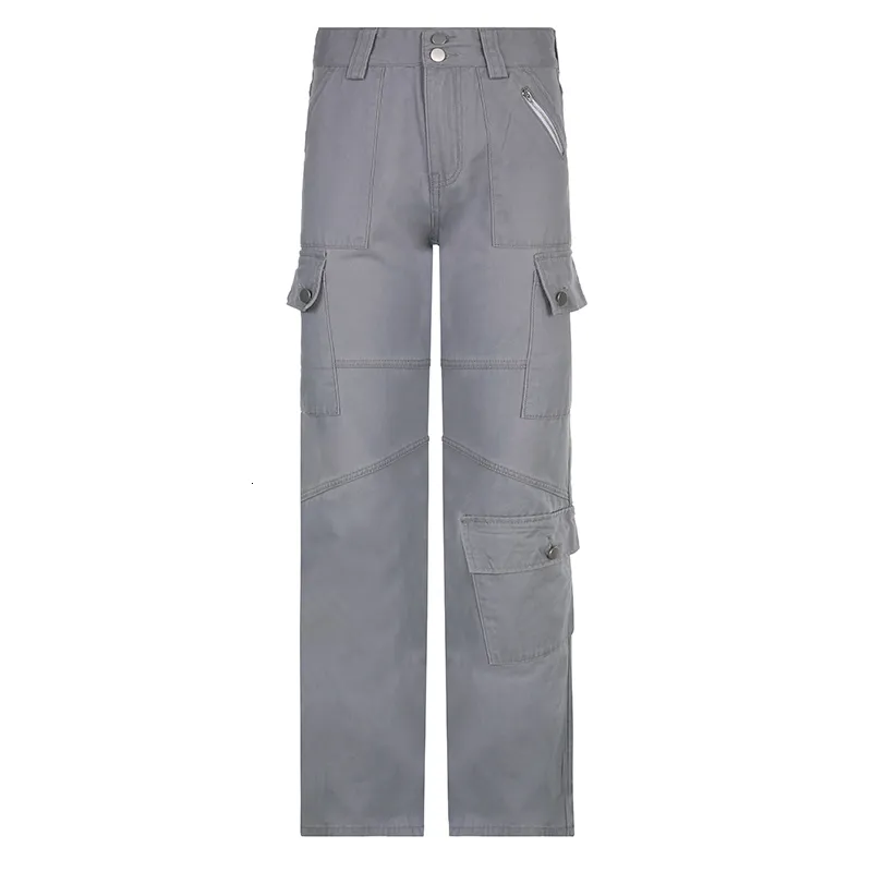 WeiYao Gray Stitched Pocket Cargo Pants For Women Vintage Streetwear Korean Straight  Denim Grey Cargo Trousers Womens With Low Waist 230314 From Kong003, $25.47
