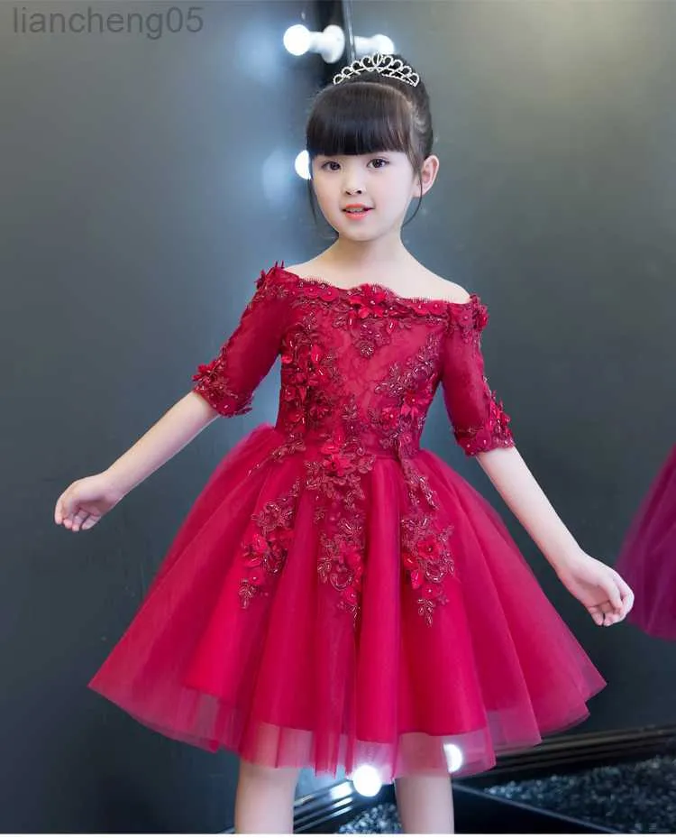 Girl's Dresses 2017 Red Tulle Shoulderless Flower Girls Dresses For Wedding Appliques Formal Girl Birthday Party Dress Princess Ball Gown W0314