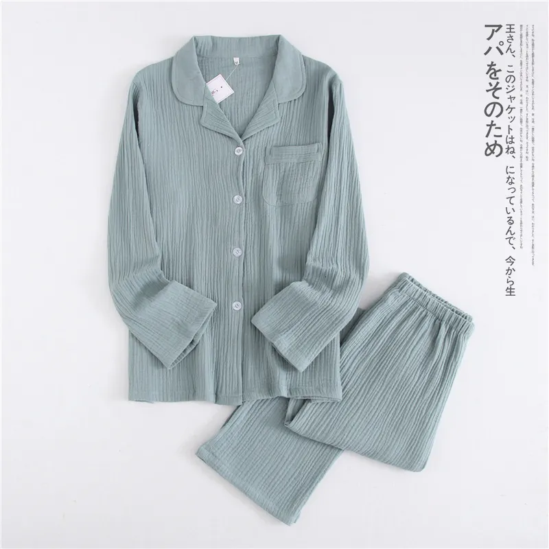Calça de sono feminina de algodão japonês de algodão para mangas compridas masculinas pijamas primavera e outono de casal de casal fino terno de serviço para mulheres pijamas 230314