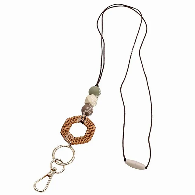 New Rattan Wood Bead Lanyard Keychain Work ID Badge Necklace Boho Nurse Teacher Charm Gift Beaded Pendant Accessory