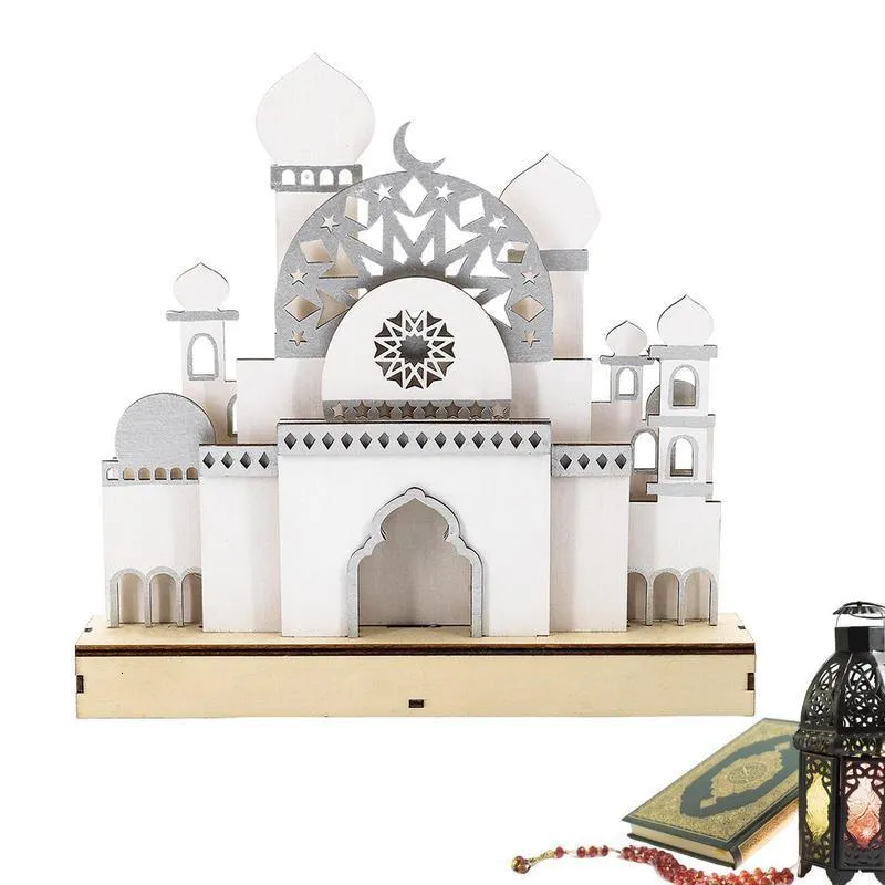 Dekorativa föremål Figurer Eid Night Lights Ornament Decor 3D Mosque Castle LED Islamiska trähantverksgåvor Eid Al Fitr Decorations for Home 230314