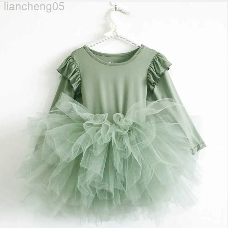 Girl's jurken Baby Girl Princess Tulle Dress Fluffy Long Sleeve Infant Toddler Puffy Dress Tutu Black Green Party Pageant Dance Desse 1-10y W0314