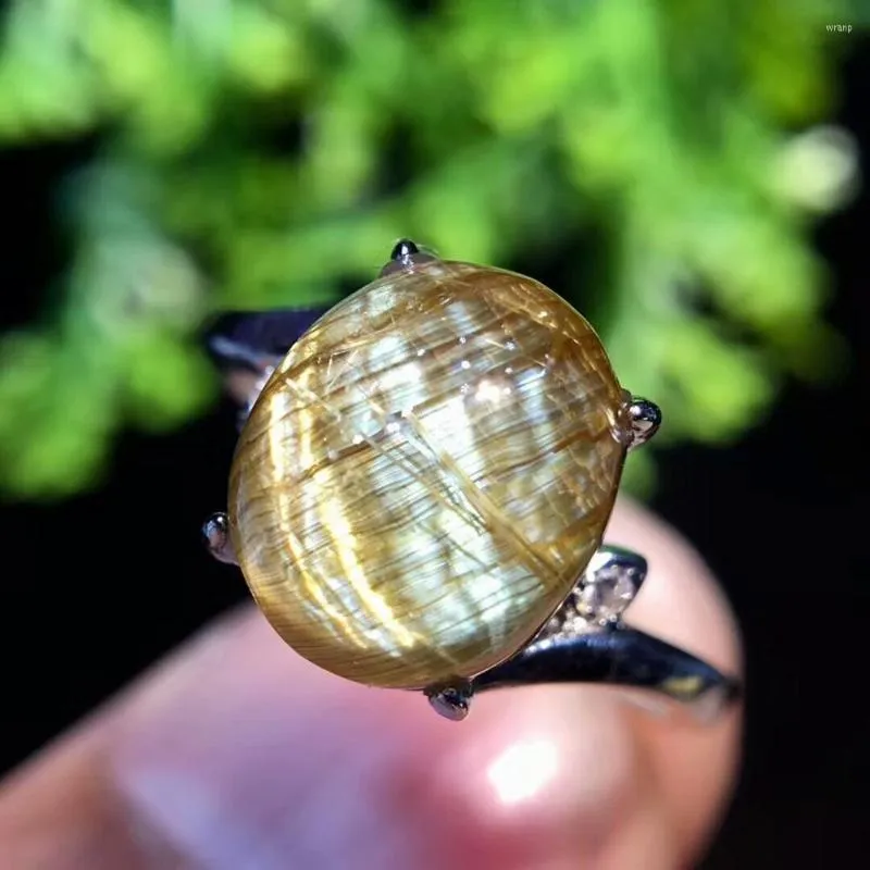 Clusterringen Top Natural Gold Rutilated Quartz Ring Verstelbare maat 925 Sterling Silver Fine Jewelry 11x9mm feest bruiloft