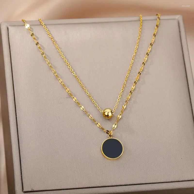 Подвесные ожерелья Винтажное черное круглое ожерелье для женщин из нержавеющей стали с золотой.