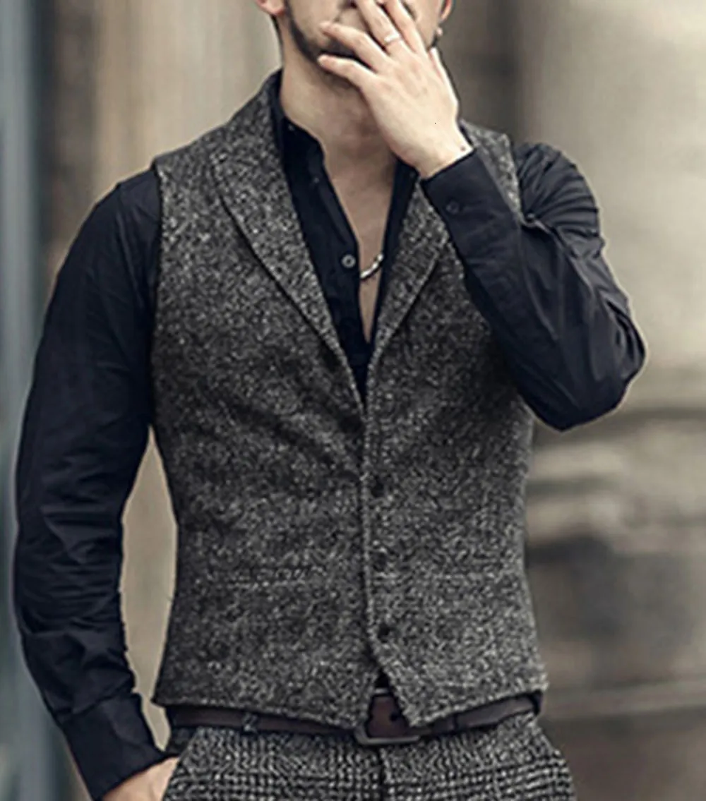 Mens Vests Mens Classic Suit Vest HerringBone Mönster Business Waistcoat Notch Lapel Wool Tweed Groomsmen Waistcoat For Wedding 230313