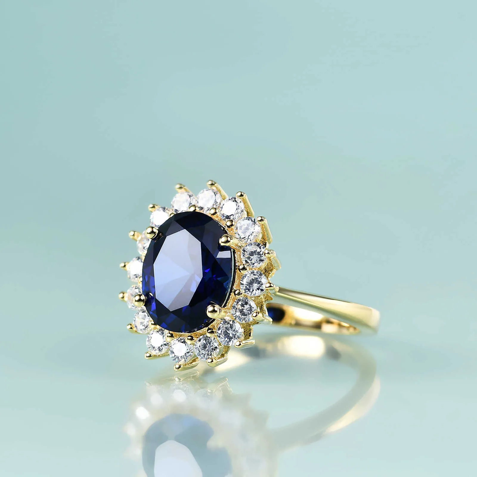 Solitaire Ring Gem'in Güzellik Prenses Diana İlham Durum Nişan Yüzüğü 14K Altın Dolu Gümüş Laboratuvar Mavi Safir Doğum Taşı Yüzüğü Z0313