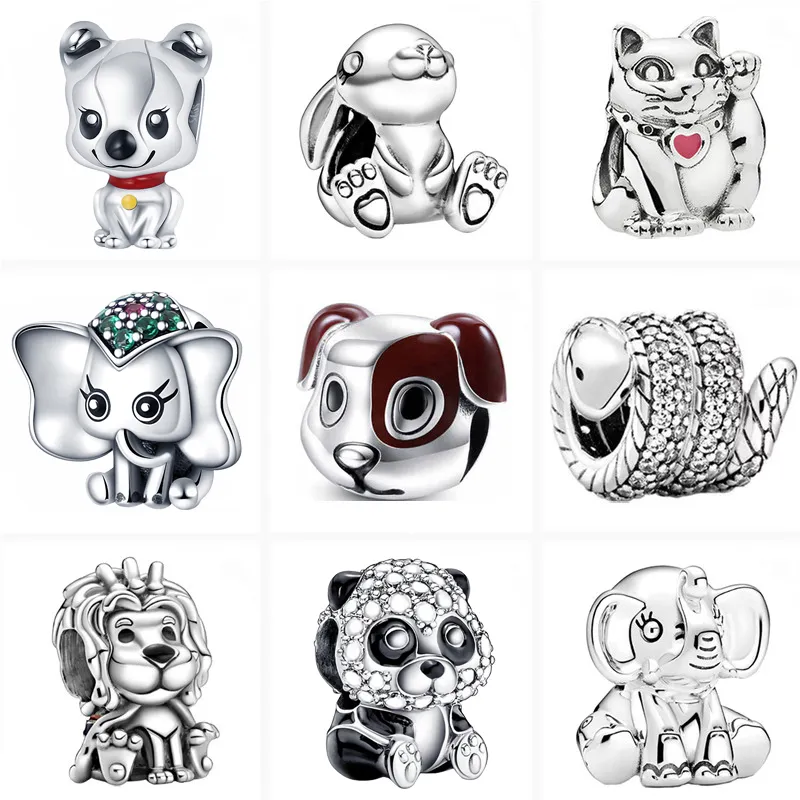 FIT Pandora Beads 925 Silver Charm Women Jewelry 45 Styles Animal Series Cute Dog Lucky Cat Owl Snake Bunny